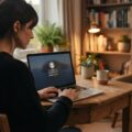 Person logger ind med sikker adgangskode på bærbar computer derhjemme