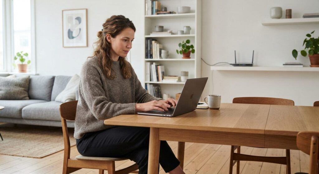 Person bruger VPN derhjemme på laptop foran en router i moderne stue