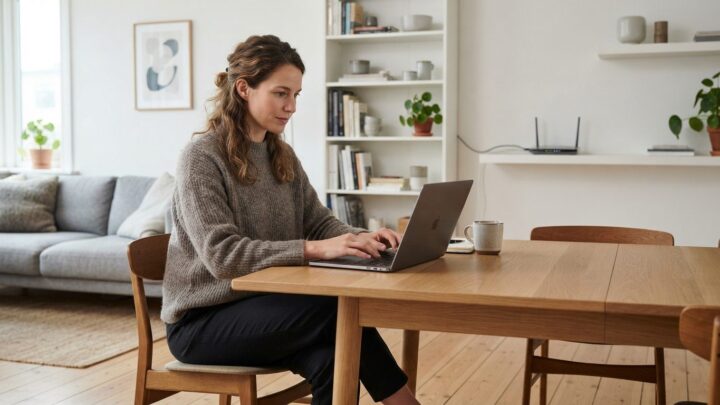 Person bruger VPN derhjemme på laptop foran en router i moderne stue