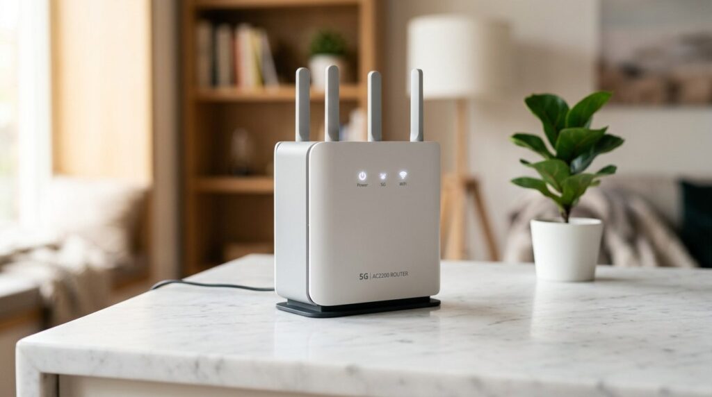 Close-up of a modern 5G wireless router device sitting on a 
