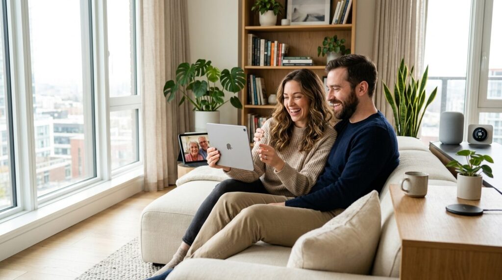 Happy couple in their modern apartment living room video cal