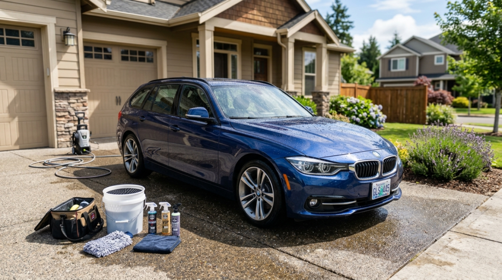 Wide shot of a clean shiny car parked in a home driveway aft