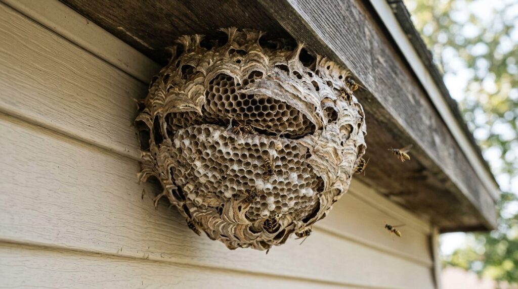 Close-up realistic photograph of a detailed wasp nest struct