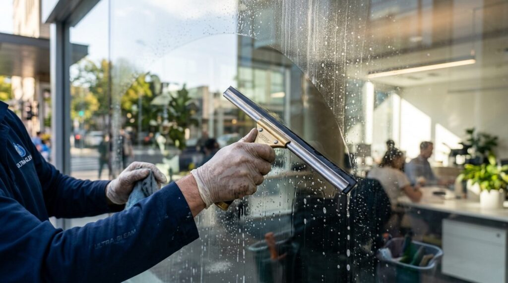 Close-up detail of a professional window cleaners hands usi