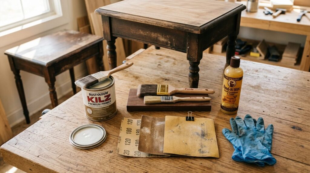 Flat lay overhead shot of furniture restoration supplies arr