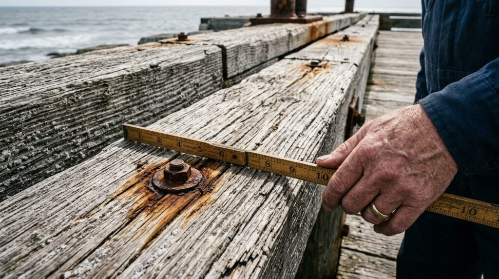 Close-up detail shot of wooden deck boards showing salt wate