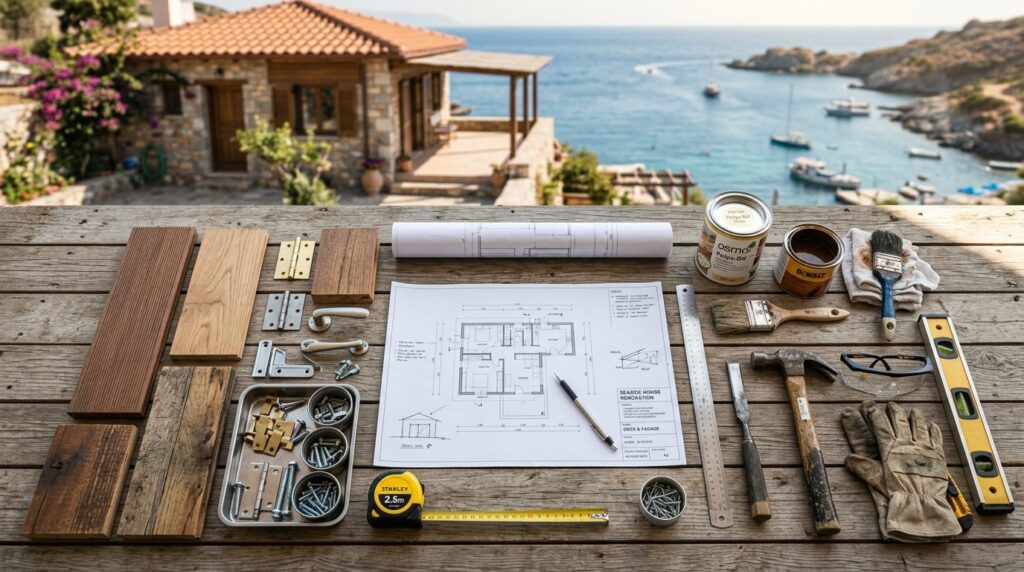Overhead view of renovation materials and tools laid out on 