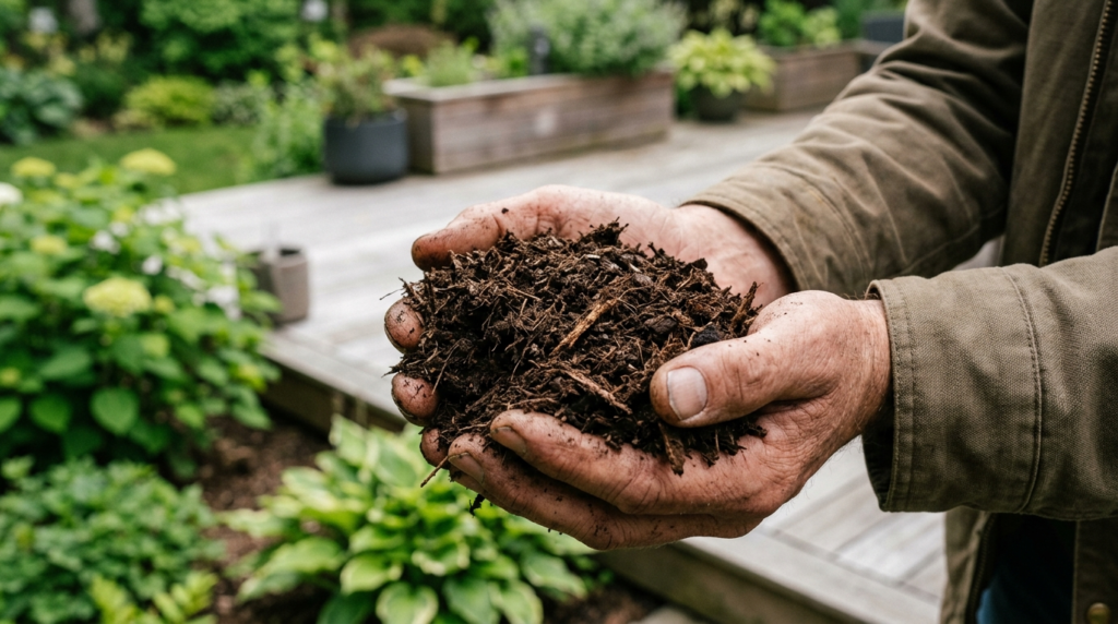 Close-up detail shot of hands holding premium dark mulch soi