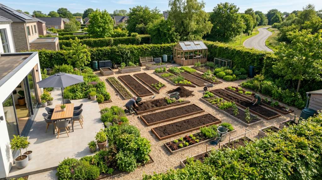 Aerial view of a sustainable residential garden project in p
