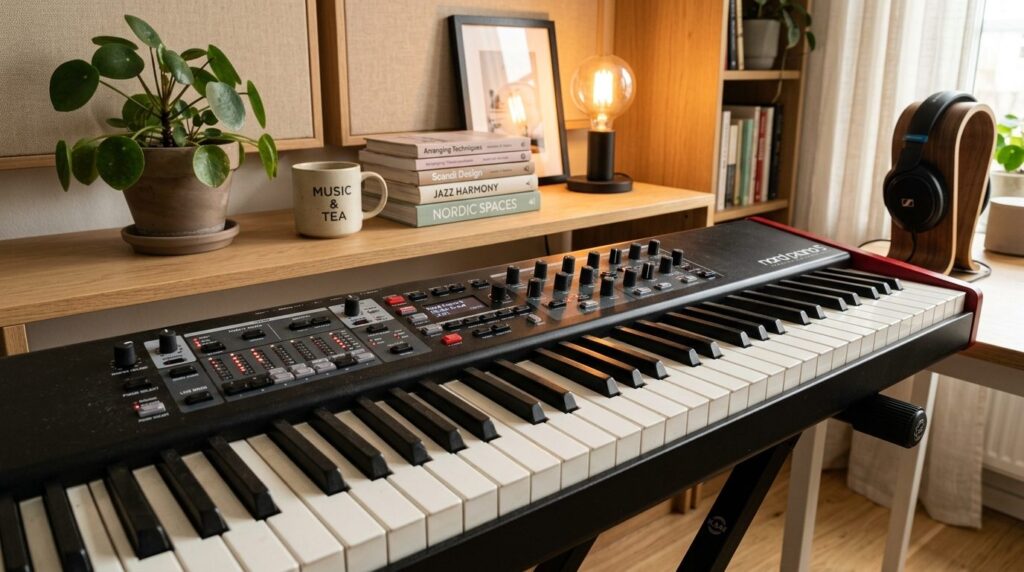 Close-up product shot of a stage piano keyboard in a home st