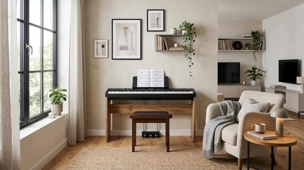 Wide interior lifestyle photograph of a compact digital stag