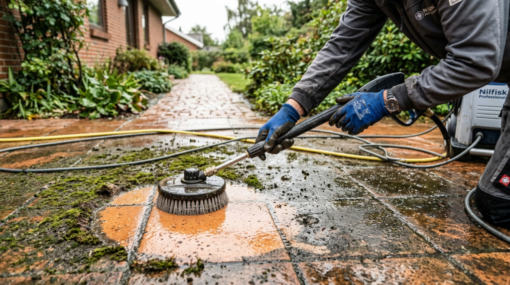 Skilled craftsmans hands performing professional tile clean
