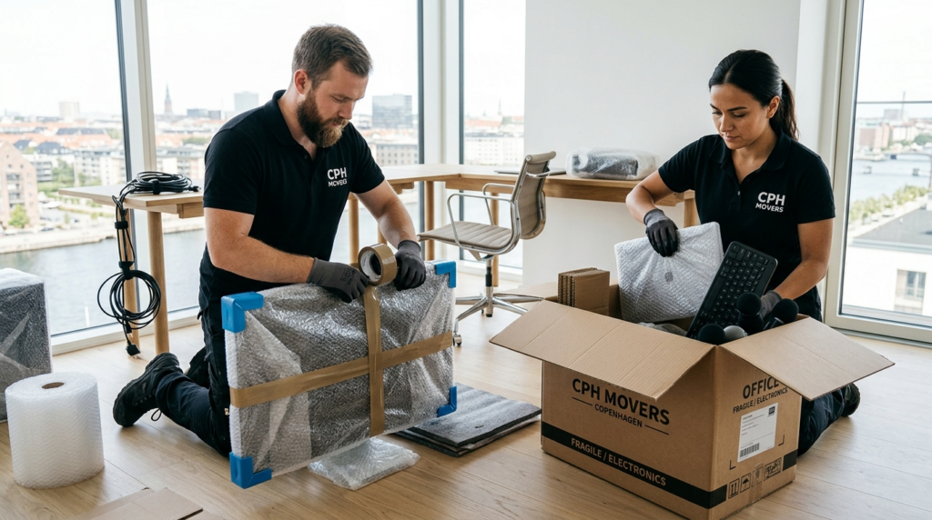 Close-up of professional movers securely packing high-end of
