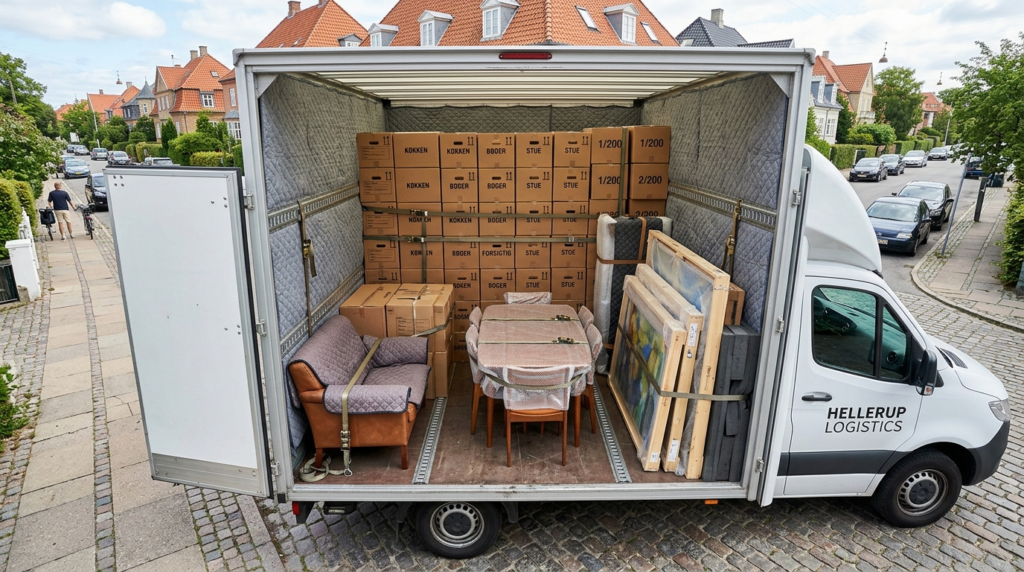 Overhead view of organized moving truck interior with carefu