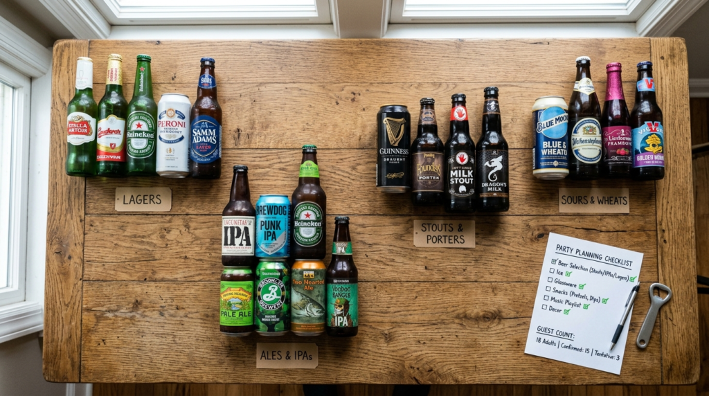 Overhead flat lay of various beer bottles and cans of differ