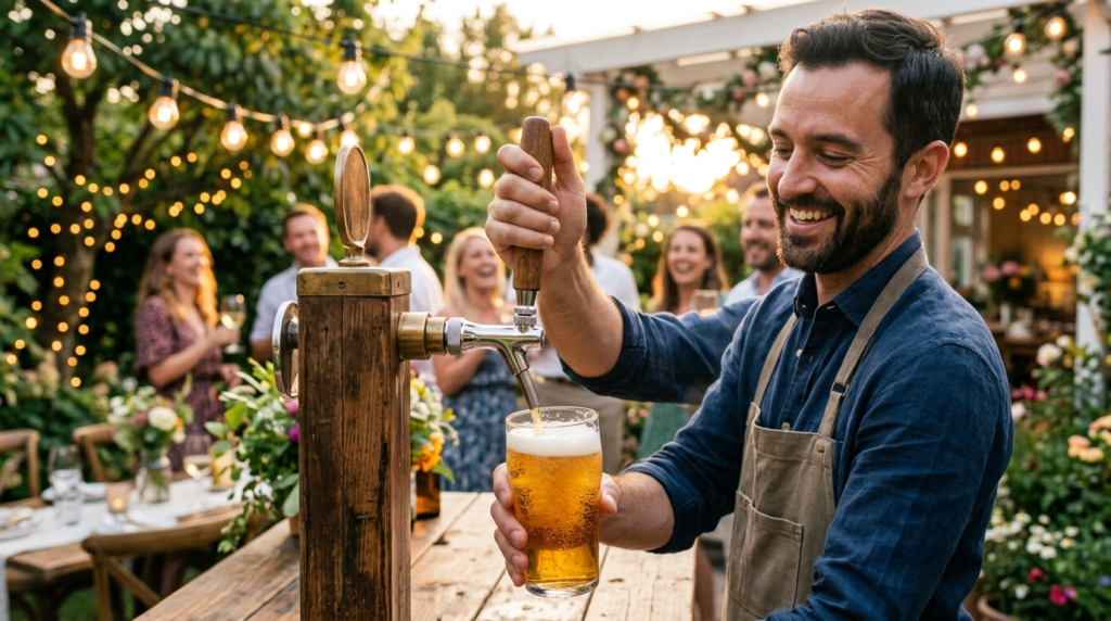 Close-up of a host pouring beer from a keg tap at an elegant