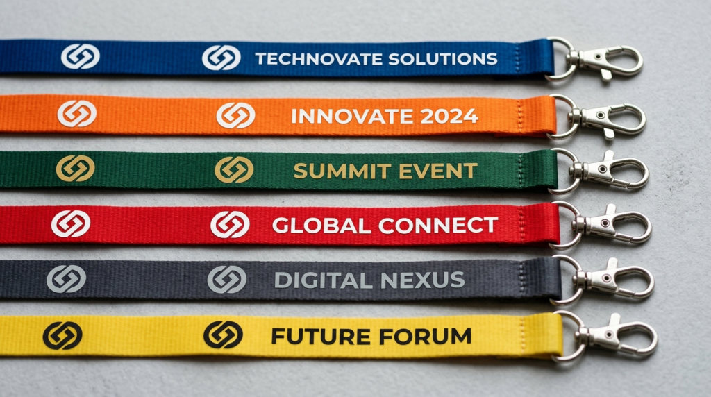 Close-up flat lay photography of multiple branded neck lanya
