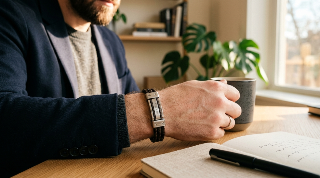 Close-up lifestyle shot of a mans wrist wearing a sophistic