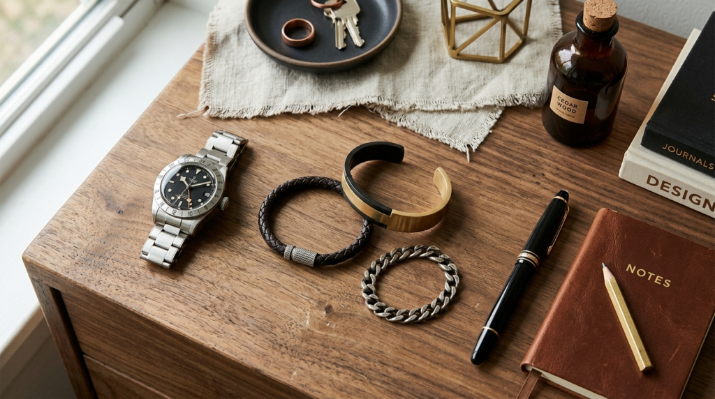 Flat lay composition of mens bracelet styling elements arra