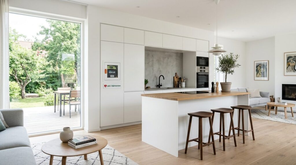 Photorealistic image of a bright modern kitchen-living area 
