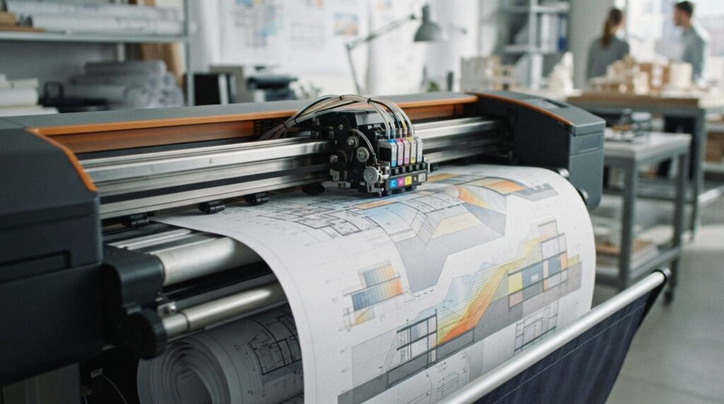 Close-up detail shot of a wide format plotter printing a lar