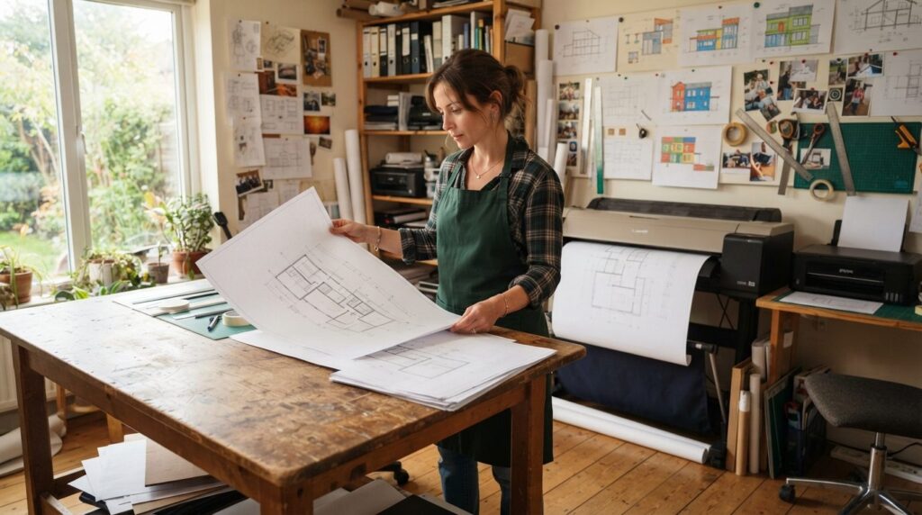 DIY enthusiast in home workshop examining large format print