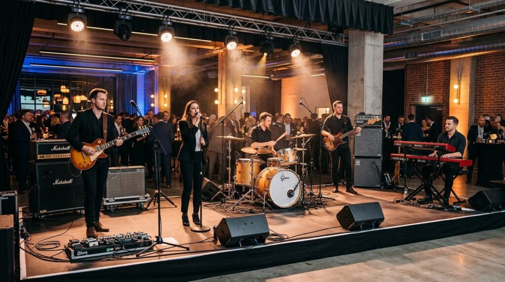 Live band på en scene i hjørnet af et lokale med instrumenter og udstyr opstillet.
