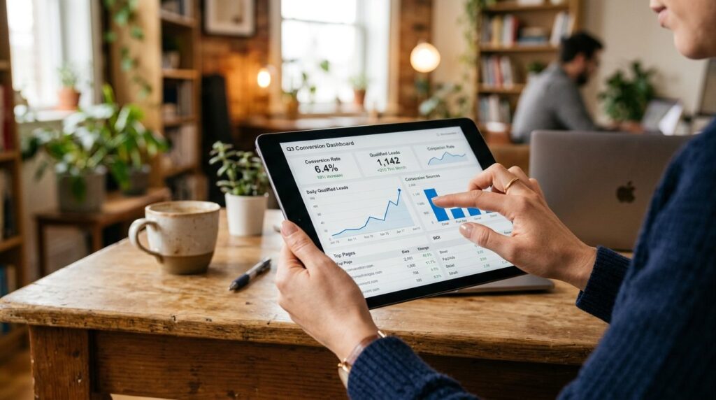 Close-up of small business owners hands using tablet with a