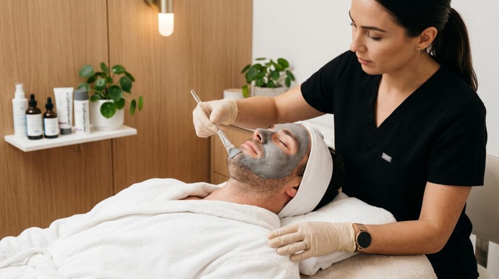 Close-up photorealistic shot of a male customer receiving a 