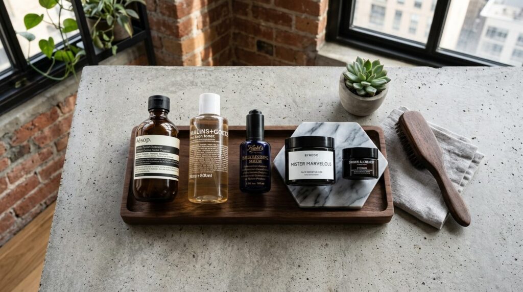 Flat-lay photorealistic image of an organized mens home ski