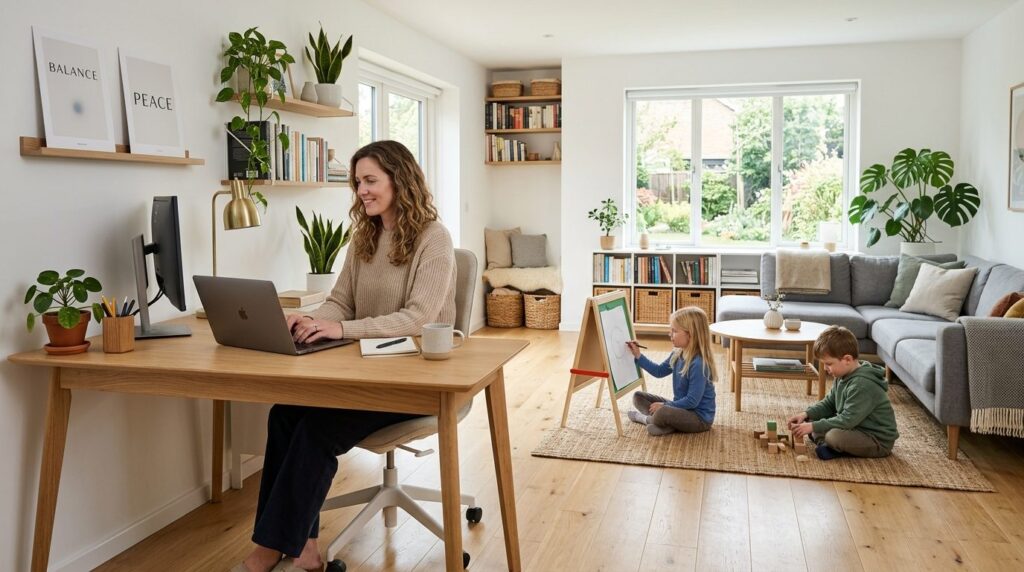 Photorealistic shot of a modern home office workspace seamle