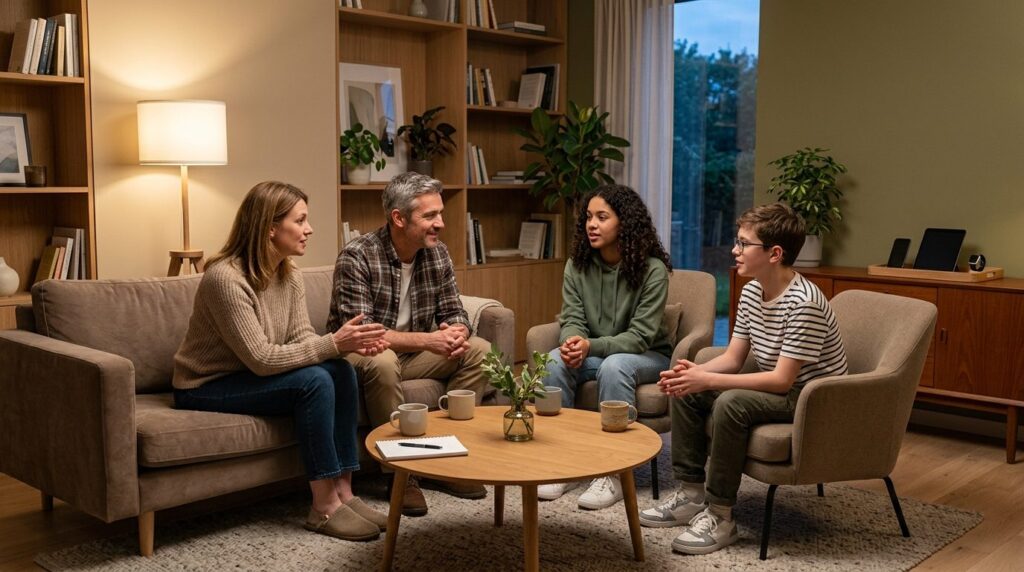 Realistic family scene in a contemporary home showing parent