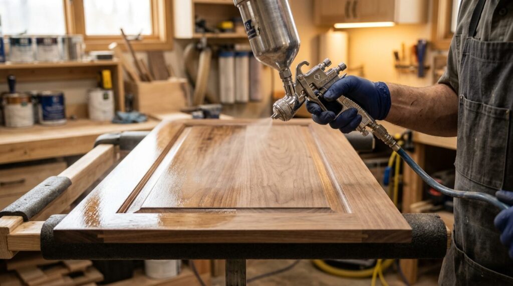Close-up detail shot of a painters hand applying finish to 
