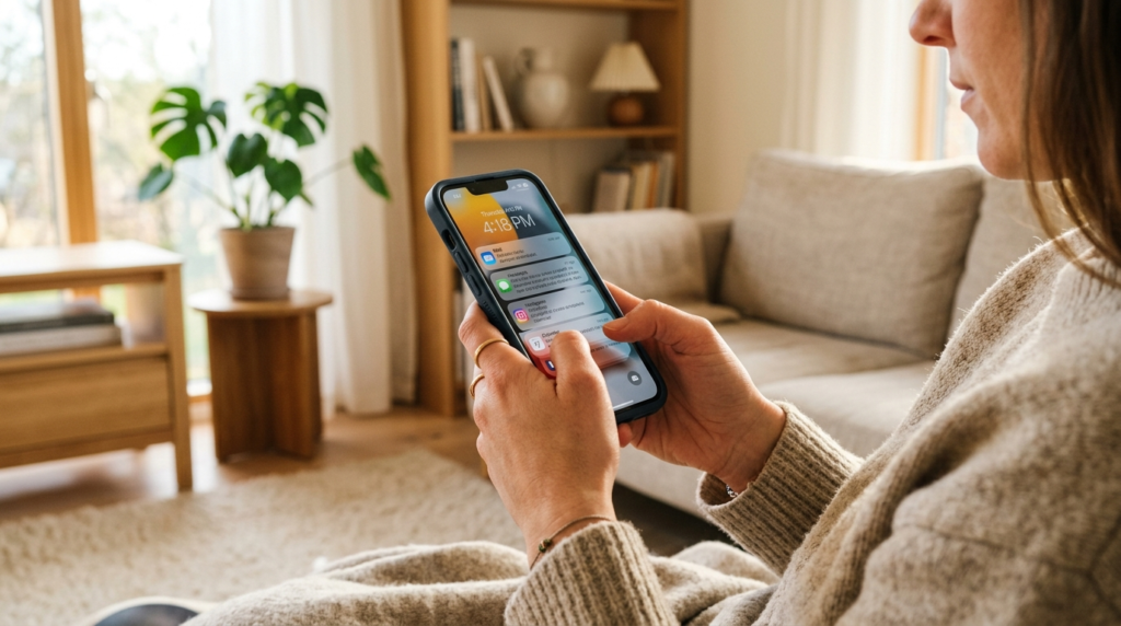 Close-up lifestyle shot of a womans hands holding an iPhone