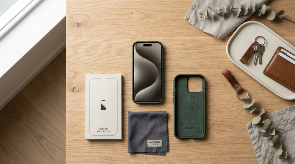Flat lay product photography: iPhone with premium protective