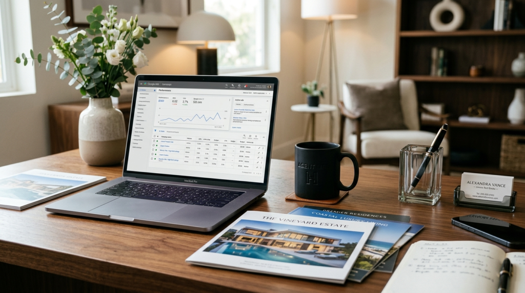 Close-up of a luxury real estate agents desk with a laptop 