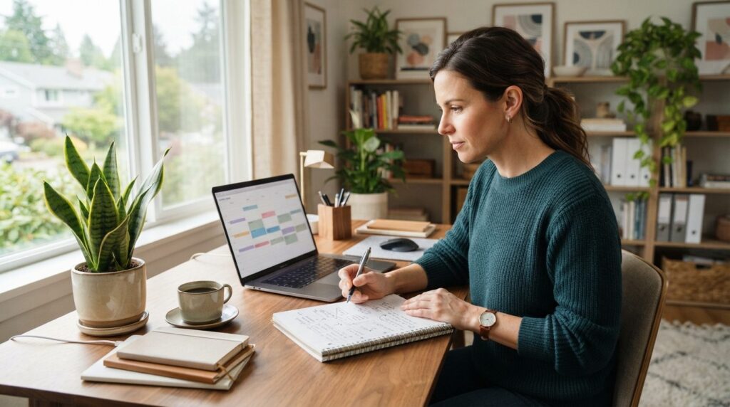 Small business owner at desk reviewing handwritten notes and