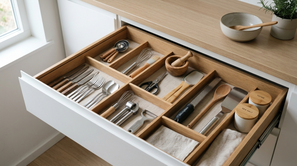 Close-up detail shot of organized kitchen drawer with custom