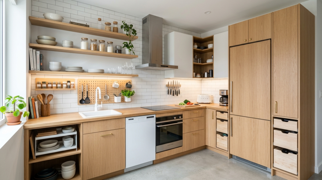Modern small kitchen with smart vertical storage solutions,