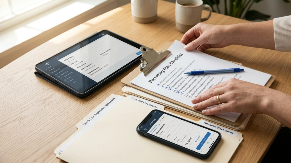 Photorealistic close-up of organized documents and digital t