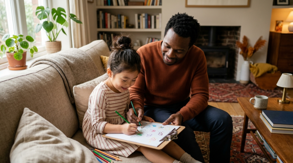 Warm, photorealistic image of a diverse parent and child sit