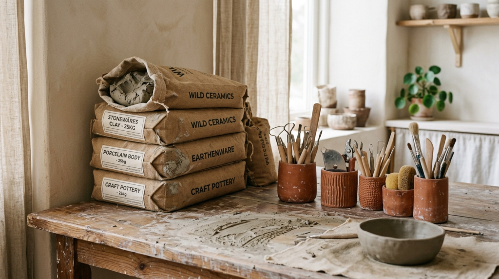Close-up detail of a well-organized ceramic workspace showin