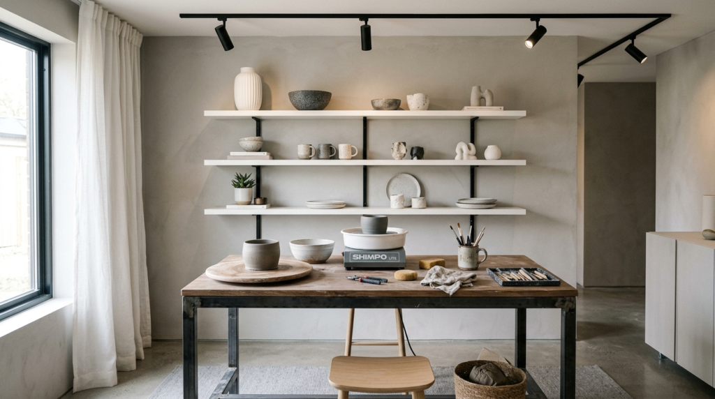 Modern home ceramic studio corner featuring curated finished
