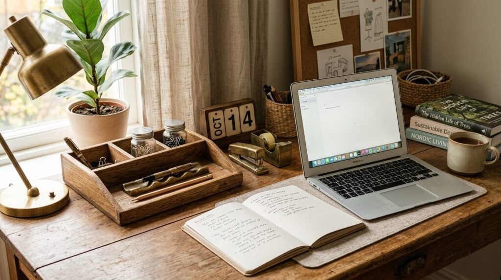 Close-up lifestyle photo of organized home office desk setup