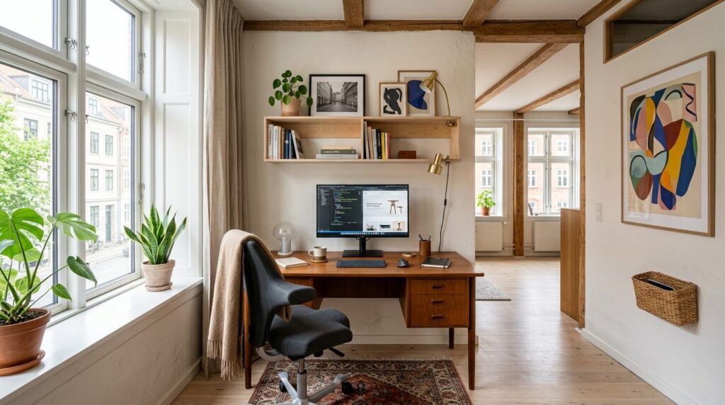 Wide angle interior photo of a bright, functional home offic