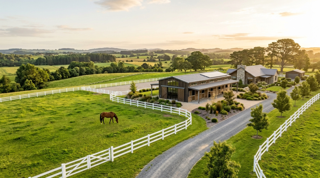 Wide-angle photograph of a rural property showing a modern h