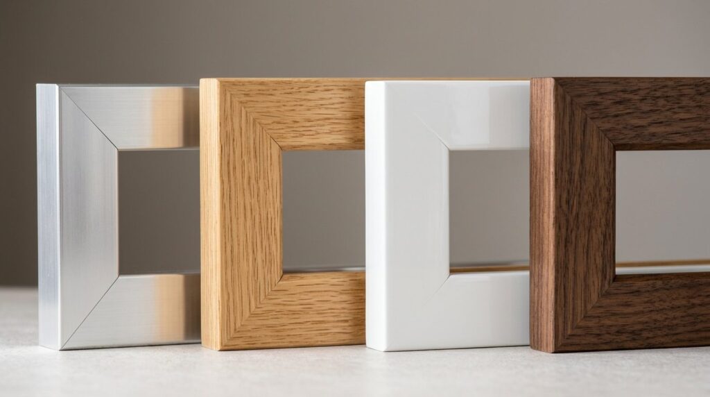 Close-up detail shot of four different picture frame corner 