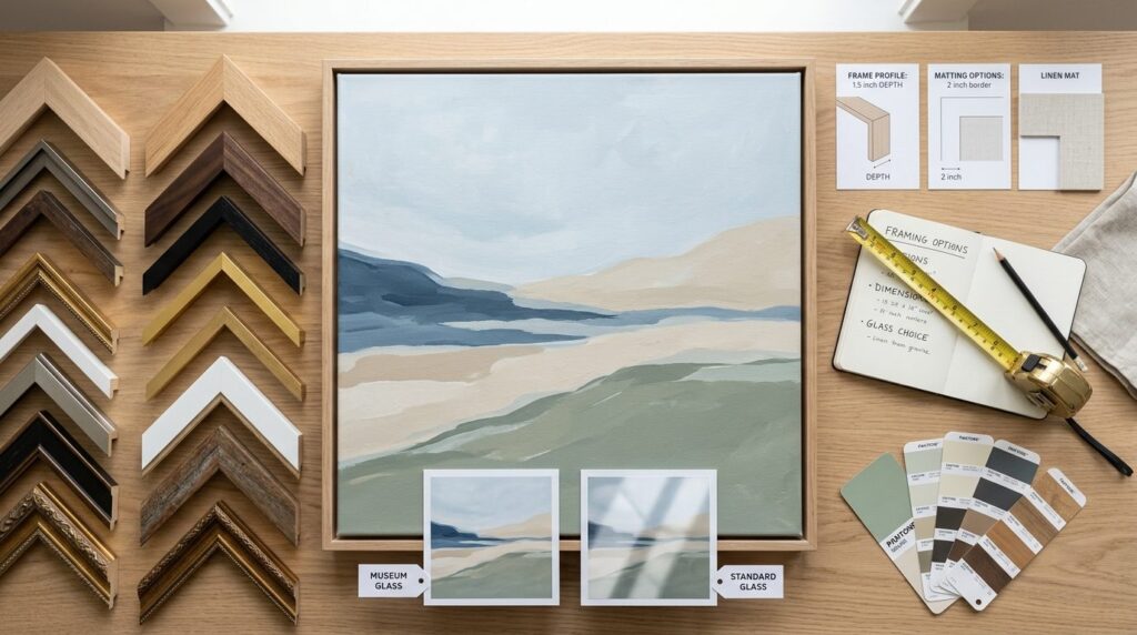 Interior design flat lay overhead shot showing art print fra