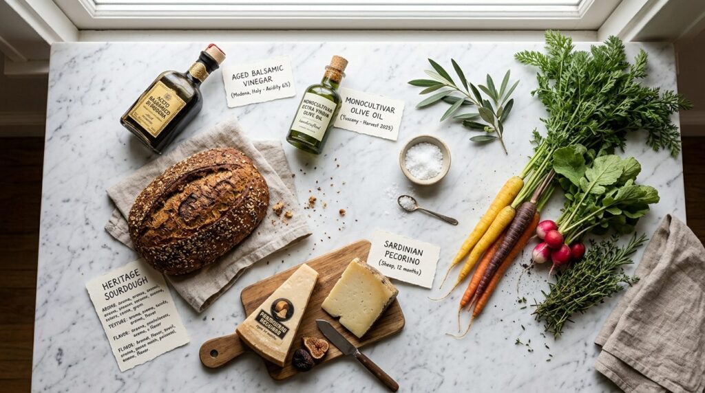 Overhead flat lay of premium specialty food ingredients arra