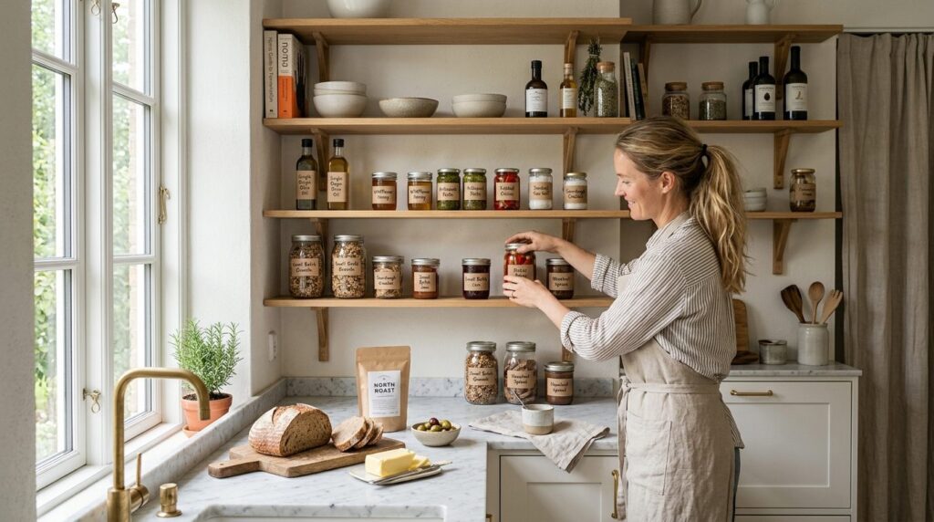 Contemporary home kitchen scene with curated delicatessen fo